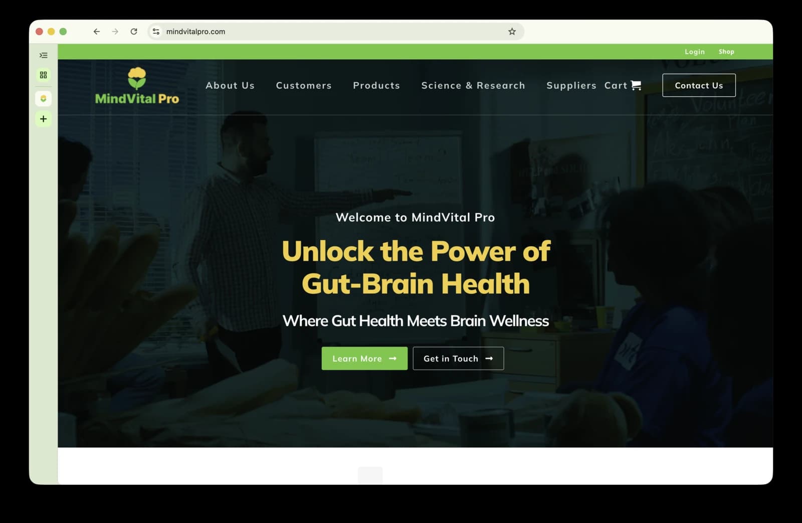 The MindVital Pro home page in a browser, headed “Unlock the Power of Gut-Brain Health”.